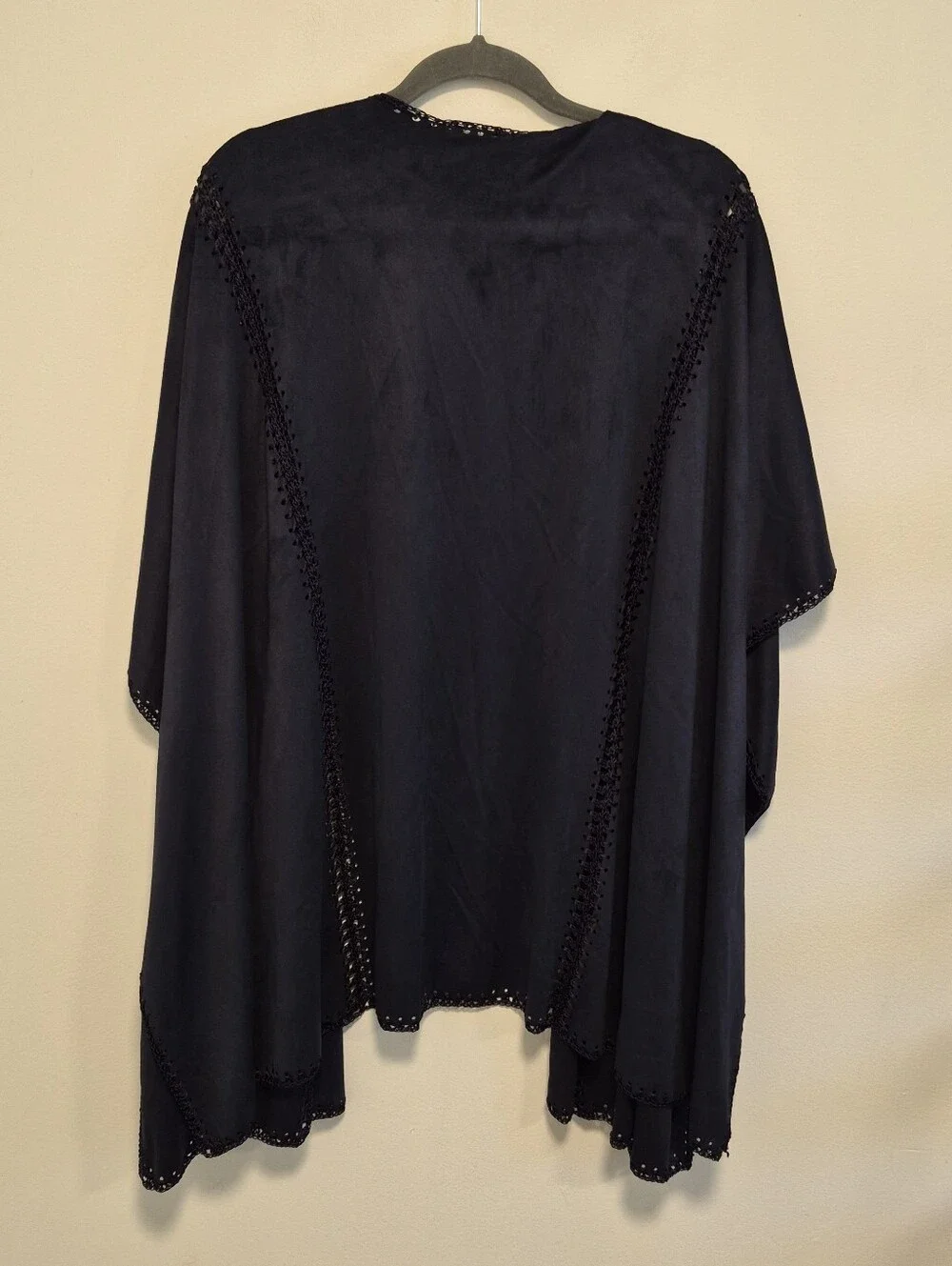 Chico's Ruana Wrap Faux Suede Navy Blue Cover Up Jacket Crochet Size S/M